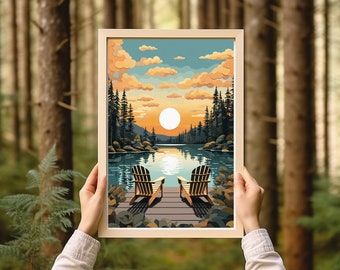 Vintage Adirondack Chairs at Lake Sunset, High-Quality Art Print, Rustic Cabin Decor, Minnesota Poster, Lake House Wall Art, Vintage Print