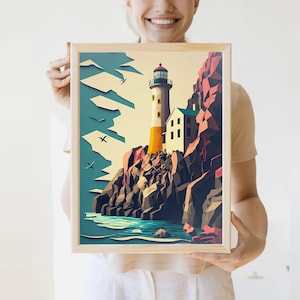 May include: A framed print of a lighthouse on a rocky cliff with a blue ocean in the background. The lighthouse is white with a yellow stripe and a red roof. There are birds flying in the sky.