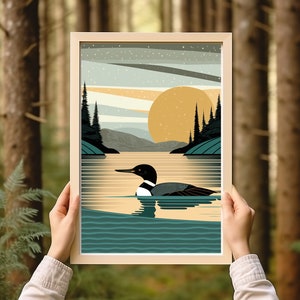 Minimalistic Vintage Loon at Sunset | Textured Lake Art with Earth Tones | Cabin Decor | Minnesota Lake | Unique Artwork | Great Lakes Print