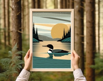 Minimalistic Vintage Loon at Sunset | Textured Lake Art with Earth Tones | Cabin Decor | Minnesota Lake | Unique Artwork | Great Lakes Print