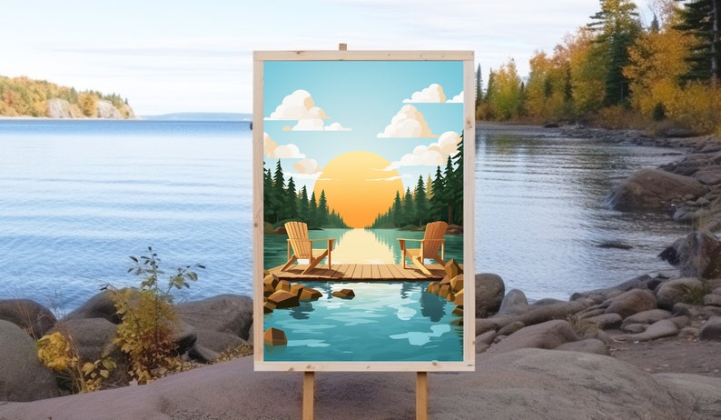 Sunny Day Adirondack Art, Adirondack Chairs, Lake House Decor, Rustic Cabin Gift, Minnesota Poster, Minnesota Artist, Modern Cabin Art image 3