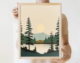 Minimalist Mountain Print | Blue & Green Earth Tones | Lake House | Modern Nature Wall Art | Minimalist Lake | Up North Painting