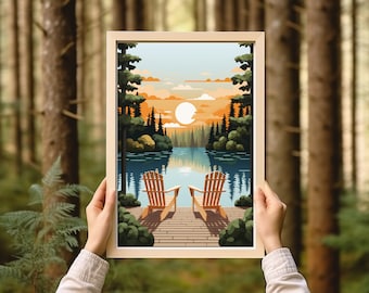 Vintage Adirondack Chairs, Rustic Home Decor, High-Quality Art Print, Minnesota Poster, Minnesota Artist, Lake House Wall Art, Sunset Art