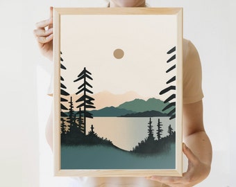 Vintage Lake Print | Blue & Green Earth Tones | Lake House | Modern Nature Wall Art | Minimalist Lake | Minimalist Lake Art