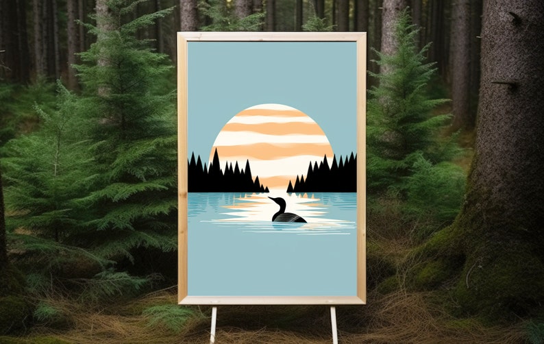 Calming Vintage Loon Art Print Minimalistic Nature Art Calming Blue Lake Art Cabin Art Relaxing Art Art by Minnesota Artist image 8