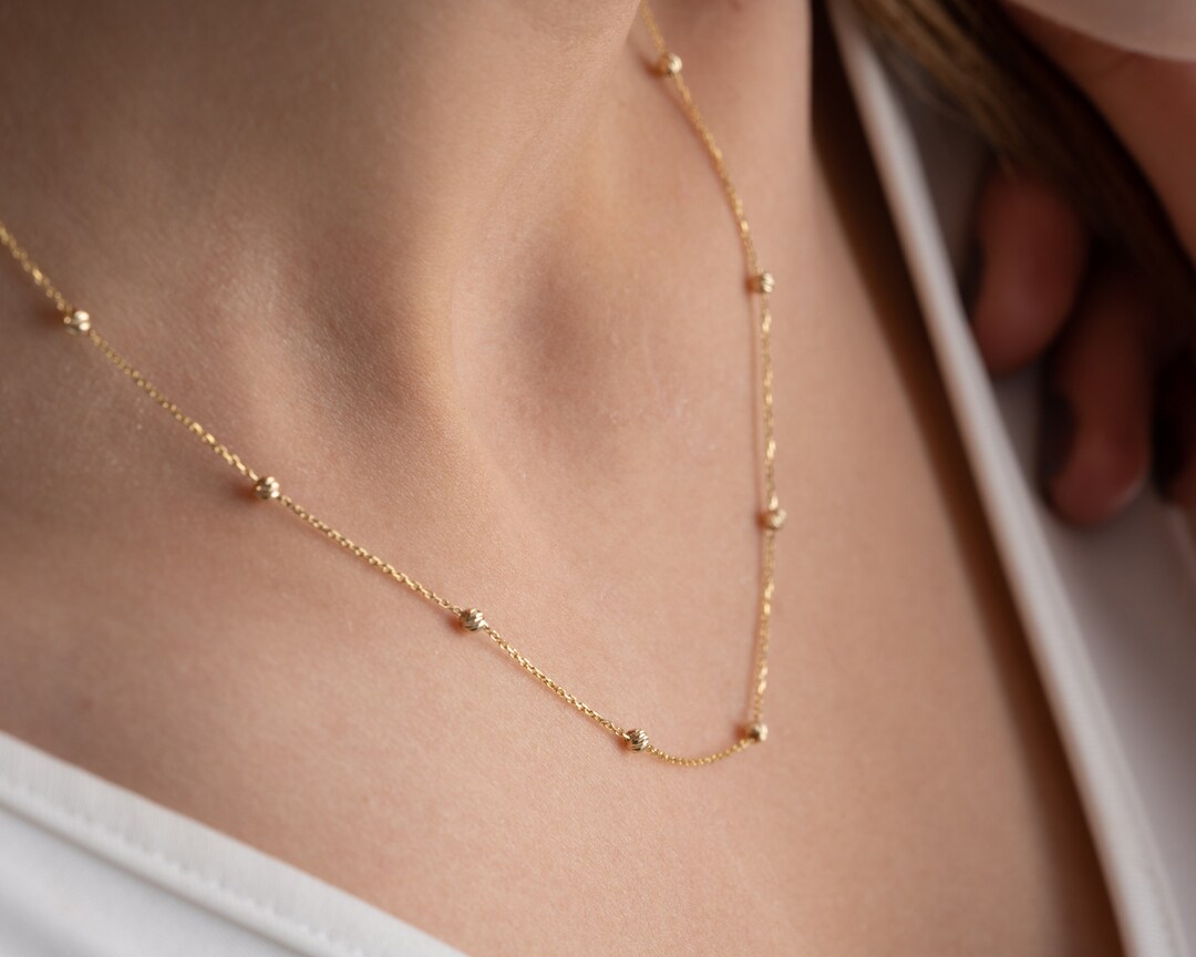 14K Solid Gold Ball Chain Necklace, Real Gold Beaded Ball Chain