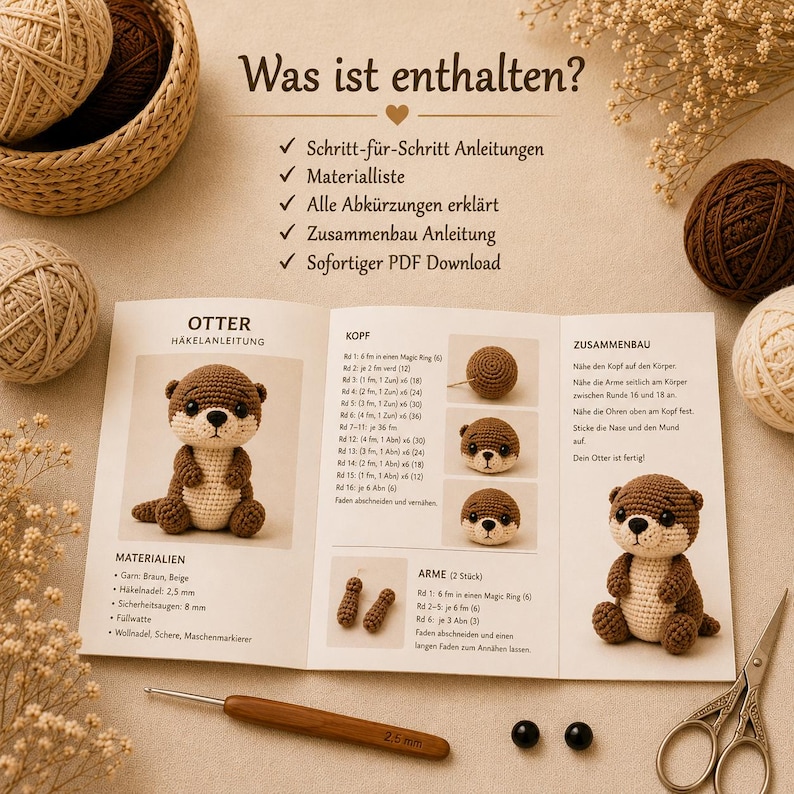Wzór na szydełkową maskotkę amigurumi wydra w formacie PDF | Odpowiednie dla początkujących | Natychmiastowe pobranie | Pluszowa zabawka 15 cm | Nie wymaga szycia zdjęcie 2