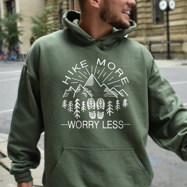 Hike More Worry Less Sweatshirt, Nature Hoodie, Camping Gift, Hiking Gifts, Mountain Print, Nature Prints, Gift for Her, Gift for Him