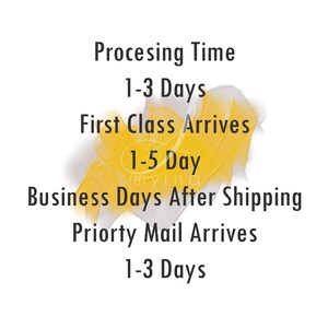 text that provides information about the processing time for shipping, including the first class arriving on a 1-5 day schedule, business days after shipping, and priority mail arriving on a 1-3 day schedule.