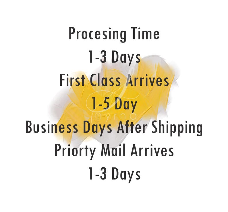 text that provides information about the processing time for shipping, including the first class arriving on a 1-5 day schedule, business days after shipping, and priority mail arriving on a 1-3 day schedule.