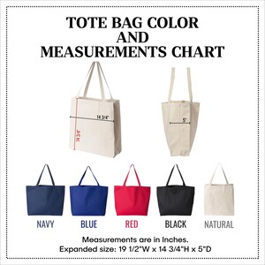 The image is a tote bag color and measurements chart, displaying the size and color of various tote bags in inches.