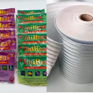 May include: A close-up of two packages of UniHeat multi-purpose jumbo shipping warmers. The packages are purple and green with the text "UniHeat" printed on them. The packages are next to a roll of silver and white heat-resistant insulation.
