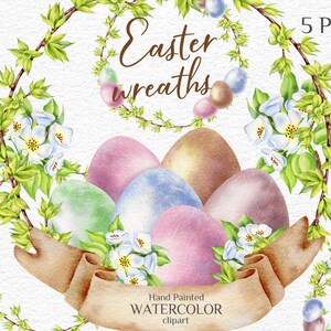 Coronas de Pascua. Huevos de Pascua. Verdor. Imágenes prediseñadas de acuarela. Gráfico de colgador de puerta redonda. Tarjetas navideñas, deseos, saludos. Archivos PNG imprimibles.