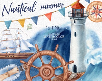 Nautical Watercolor Clipart, Lighthouse, Sailboat, PNG Files