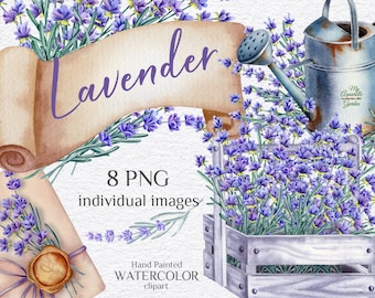Clipart de acuarela de lavanda, ramos provenzales rústicos (archivos PNG)