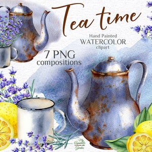 Puede incluir: Ilustración en acuarela con una tetera azul vintage y una taza blanca llena de lavanda. La imagen incluye limones, vegetación y el texto "Tea time". La obra de arte está etiquetada como "Hand Painted WATERCOLOR clipart" y "7 PNG compositions".