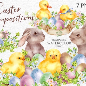 Aquarell Ostern Clipart. Eier, Häschen, Hühner, Entenküken. Kleine süße Tiere, Weihnachtskarten, Kinderzimmerkunst. Druckbares PNG-Download.