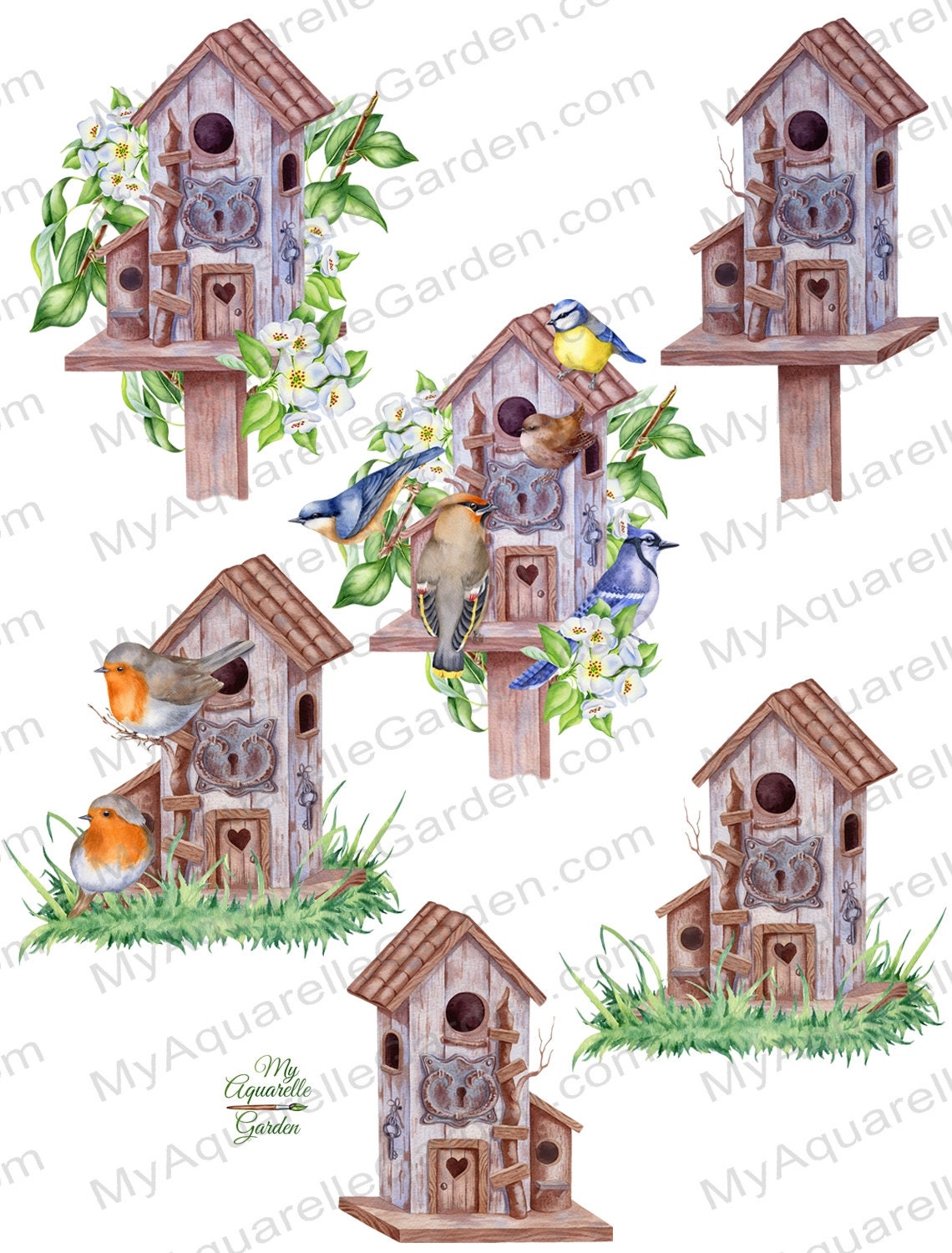 Birdhouses, Birds. Watercolor Hand-painted Images. Country Life. Rustic ...