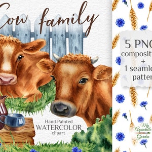 Milk farm clipart. Cow, calf. Watercolor hand-painted images. Rustic, country, farmhouse. Cards, wishes, stickers, planner. Printable PNG
