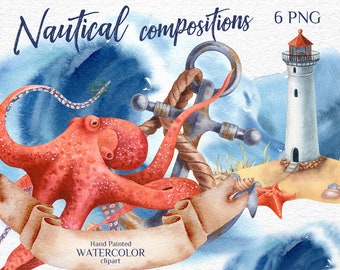 Nautical Watercolor Clipart, Ocean Animals, Lighthouse (Instant Download)