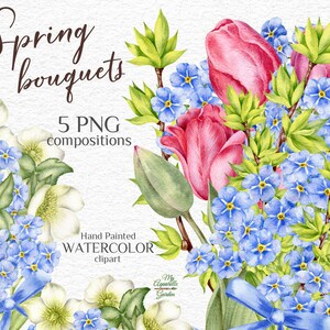 Frühlingssträuße. Tulpen und Vergissmeinnicht. Botanisch. Florale Hochzeitsdekoration. Einladungen, Karten, Wünsche. Druckbare PNG-Dateien herunterladen