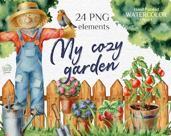 Imágenes prediseñadas de jardinería en acuarela, archivos PNG de granja (descarga digital)