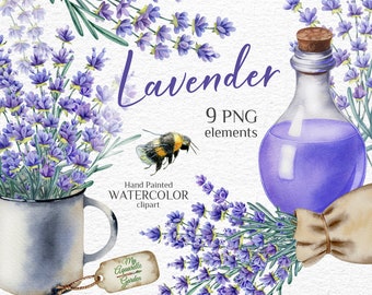Imágenes prediseñadas de acuarela de lavanda, estilo provenzal (archivos PNG)