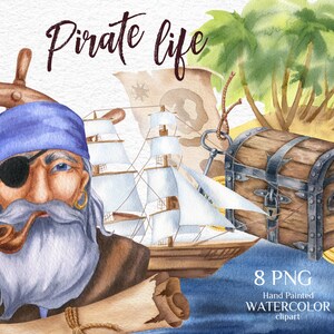 Pirates. Watercolor hand-painted clipart. Birthday party decor, treasure island, sea adventure. Kids room. Printable PNG, instant download