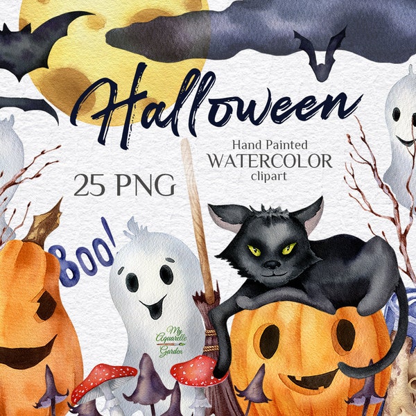 Halloween Pumpkins ghosts bats witch hat Watercolor hand-painted clipart Party invites Room decoration Scrapbooking Stickers Printable PNG