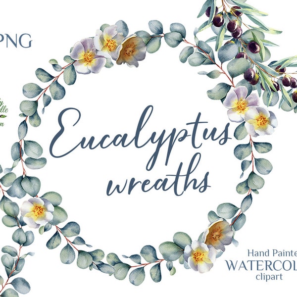 Eucalyptus wreaths Watercolor hand-painted botanical clipart Exotic tropical leaves DIY cards wishes wall art Hawaii wedding Printable PNG