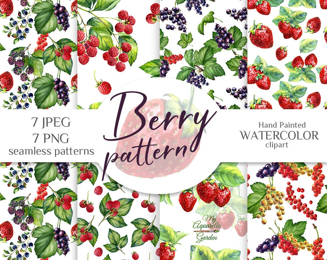 Berries Seamless Patterns Watercolor Hand-painted Clipart Digital ...