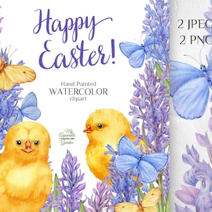 Osterkarten. Frühlingshühner, fliederfarbene Blumen, Schmetterlinge. Aquarell handgemalte Clipart. Niedliche Vögel. DIY Wünsche. Druckbares PNG herunterladen