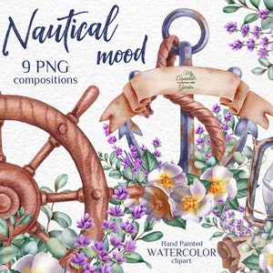 Nautical theme. Anchors, ship steering wheels, wreaths. Watercolor clipart. Wall art, decor, invitations, stickers. Printable. PNG download