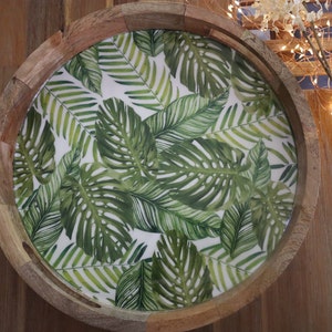 Round coffee table tray with Monstera leaves background, wood enamel finish 30x5cm