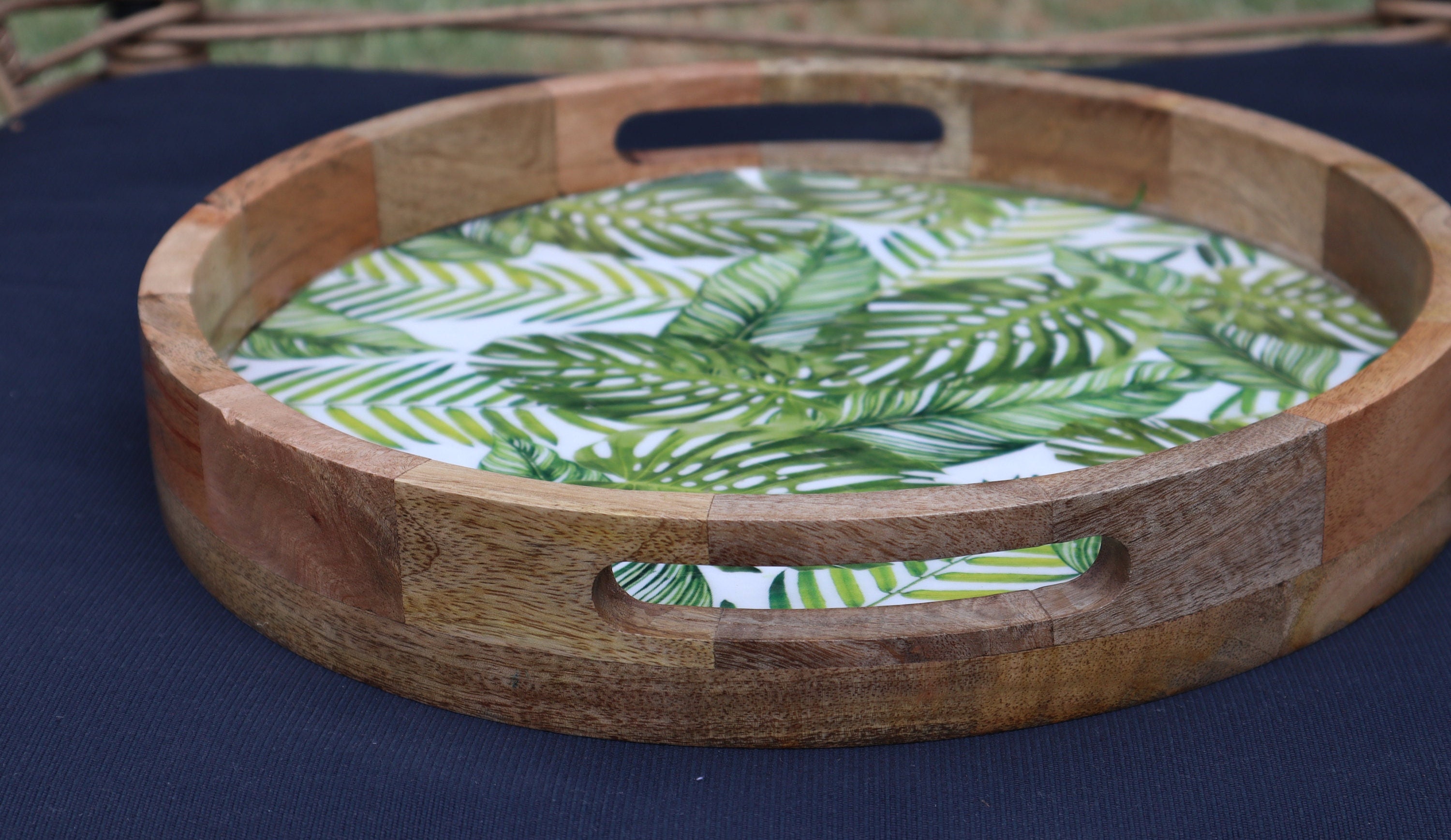 Round Coffee Table Tray With Monstera Leaves Background, Wood Enamel