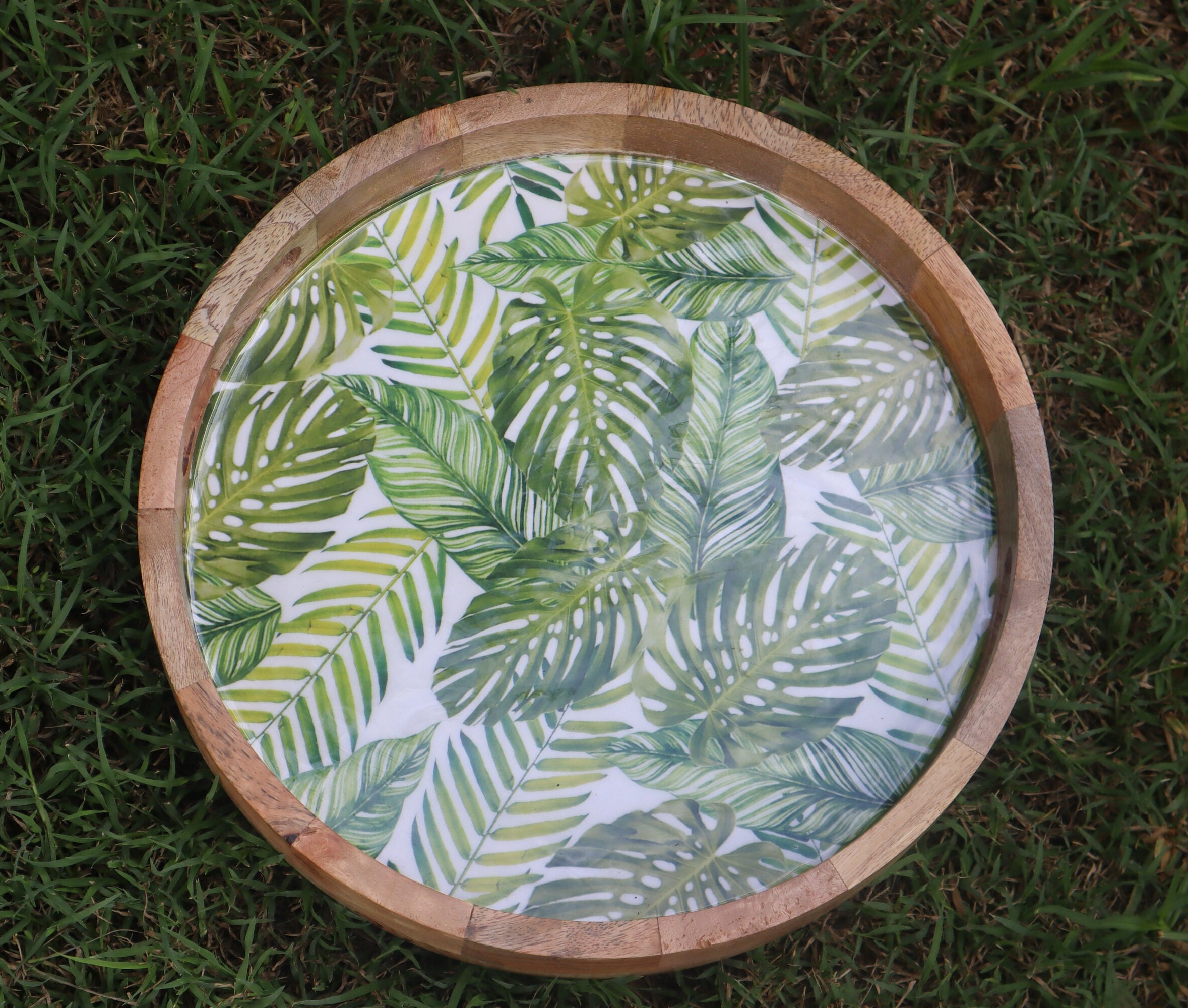 Round Coffee Table Tray With Monstera Leaves Background, Wood Enamel