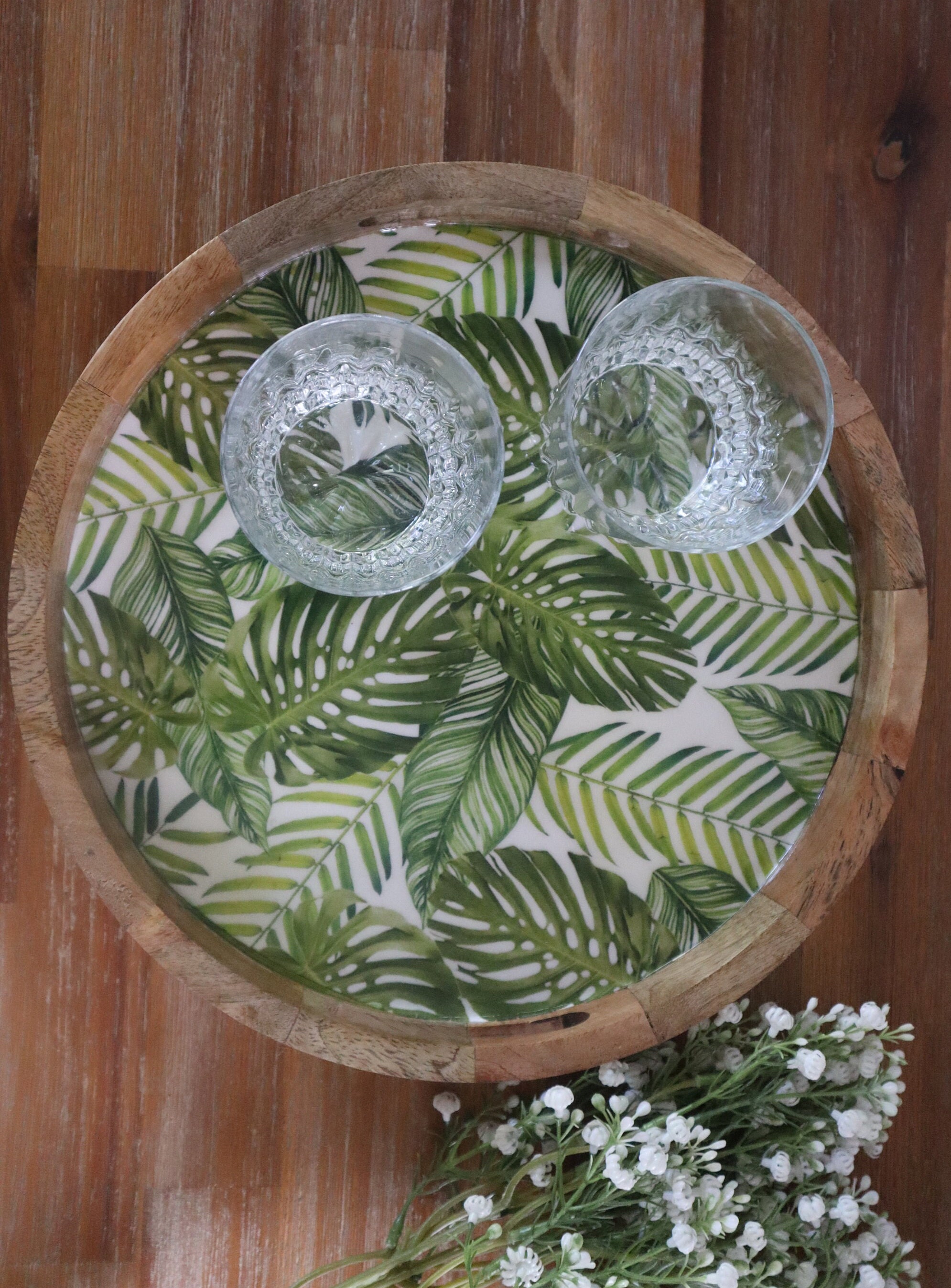 Round Coffee Table Tray With Monstera Leaves Background, Wood Enamel