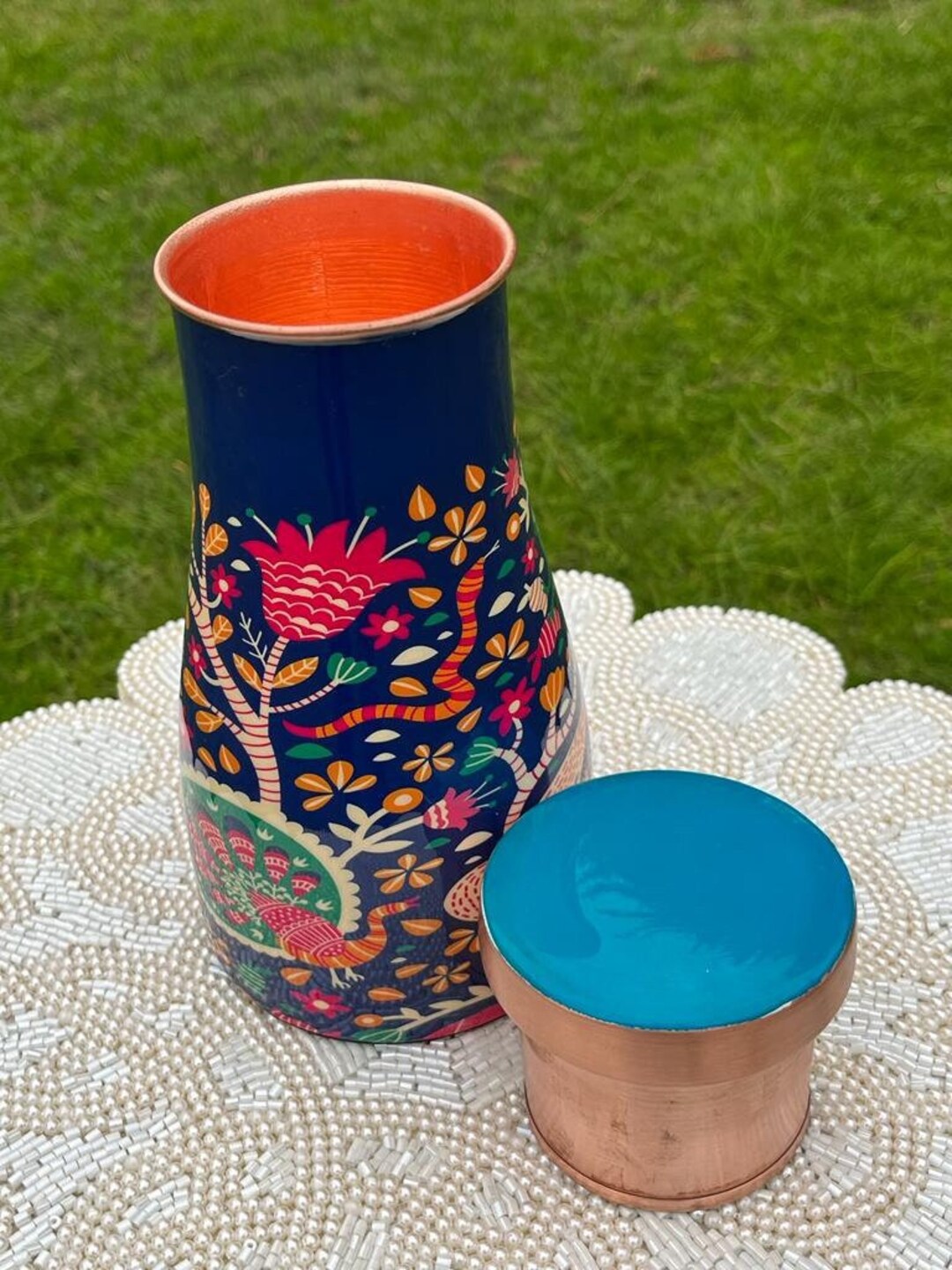 花柄の銅製ウォーターボトル、カップ内蔵、900mlサイズ - Etsy 日本