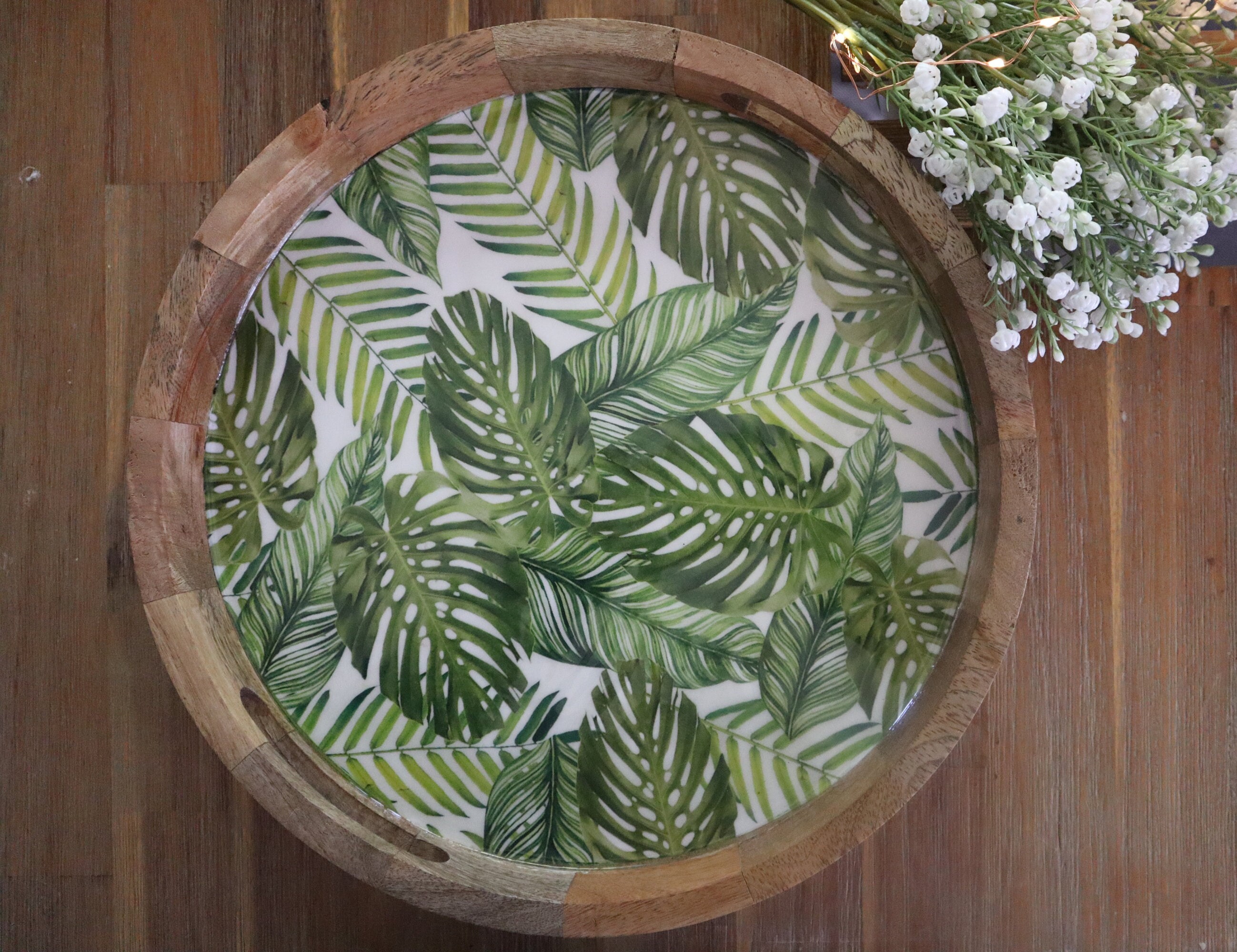 Round Coffee Table Tray With Monstera Leaves Background, Wood Enamel