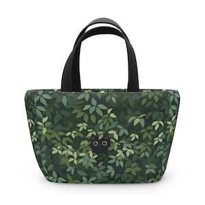 Lunchtime with a Sneaky Kawaii Cat Black Cat Hiding in Bushes Lunch Bag Kawaii Kitty Greenery Lunch Tote Fast Shipping