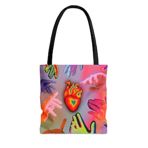 Radiant Psychedelic Heart Neon Color Bleeding Fusion Trippy Heart and Hands Vibrant Spectrum Heartbeat Tote Bag Gift Fast Shipping
