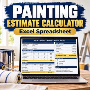 May include: A laptop screen displaying a Painting Estimate Calculator Excel spreadsheet with project information, room area inputs, material costs, and a cost summary. The screen shows a total estimated cost of $3,616.75 for a 3,000 square foot project.