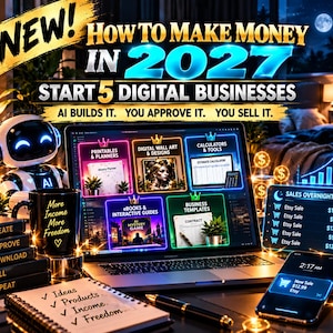 May include: A digital marketing graphic titled How to Make Money in 2027 featuring a laptop screen displaying five business categories, a small robot figure, a black mug with text, a smartphone showing sales, and a notebook with a checklist of goals.