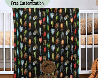 Fishing Lure Fleece Blanket 4 Sizes Available Personalized Name Throw Blanket for Men Grandpa Kids Boys who love to Fish Baby Blanket