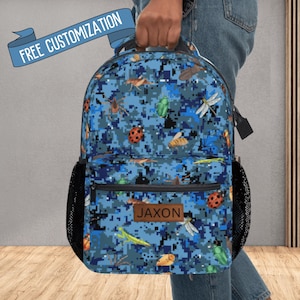 Backpack for Boys Bugs & Blue Camo School Bag Personalized with Name Travel Bag for Kids Backpack with Matching Lunch Bag
