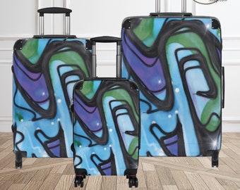 Suitcase for Boys, Blue Graffiti Luggage Set for Kids, Weekend Carry On Bag, Rolling Suitcase, Luggage Set with Spinner Wheels, Small Medium