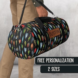 Personalized Duffel Bag for Boys Fishing Lure Overnight Bag for Kids Weekend Bag for Fishermen Gift Idea for Son Travel Bag for Grandson