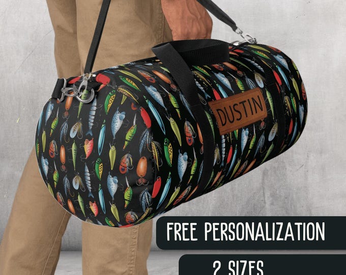 Personalized Duffel Bag for Boys Fishing Lure Overnight Bag for Kids Weekend Bag for Fishermen Gift Idea for Son Travel Bag for Grandson