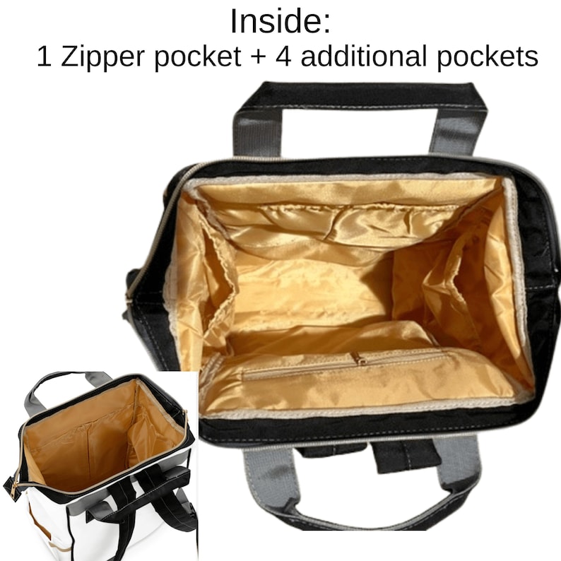 May include: Black and white backpack with a gold interior. The bag has a zipper pocket and four additional pockets. The bag has a top handle and shoulder straps. The text "Inside: 1 Zipper pocket + 4 additional pockets" is visible.