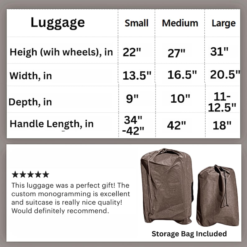 May include: A table showing the dimensions of luggage in inches. The table shows the height, width, and depth of small, medium, and large luggage. The table also shows the handle length of the luggage. The table is accompanied by a photo of two brown suitcases with a storage bag included.